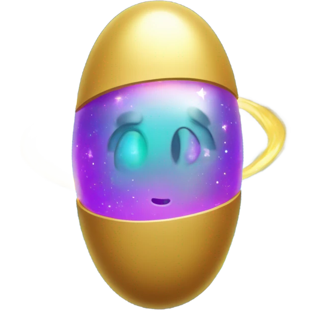 A glowing magical pill emoji with a golden outline and a swirling galaxy inside it. Tiny stars and planets orbit around it, and the background is a deep space scene with colorful nebulae. emoji