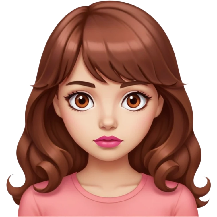 cute woman, unimpressed face, mean popular girl, light tan skin, big dark brown eyes, very long wavy auburn hair, bangs, pink top, coral lipstick emoji