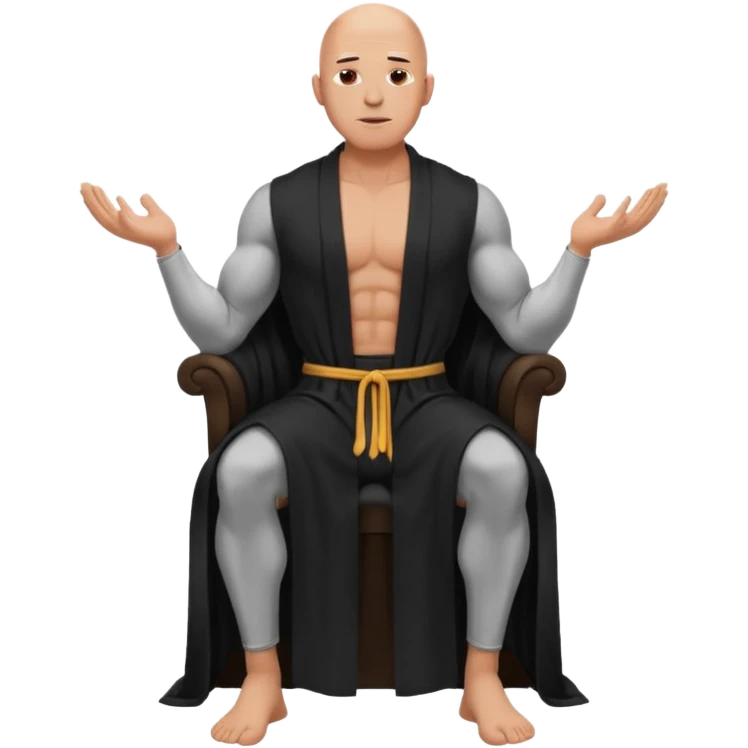 fullbody jacked bald guy, sleeveless and unbuttoned in full black robe sitting emoji