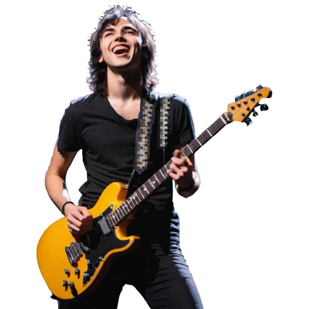 Rockstar musician with a confident smile looking up, electric guitar, stage lights, performing emoji