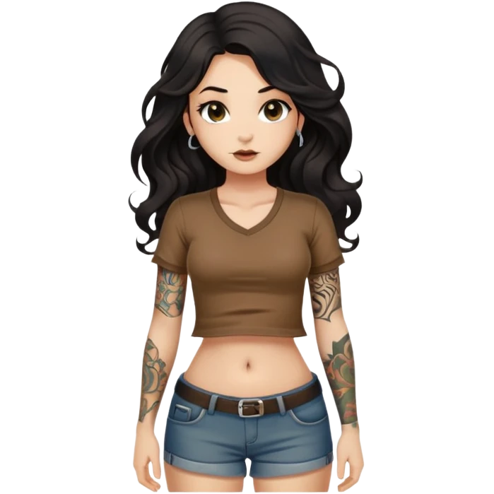 Fair skin girl - Long black hair, wavy - Tattoo on upper arm - No tattoo on lower arm - Wearing brown short-sleeved shirt with exposed belly button - Full body shot - Tattoo on upper arm only emoji