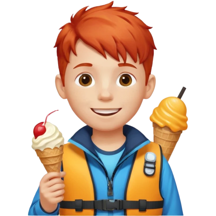 boy kid red haired wearing lifejacket, eating ice cream, sun emoji