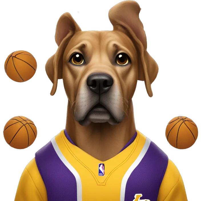 Dog wearing lakers gear.  emoji