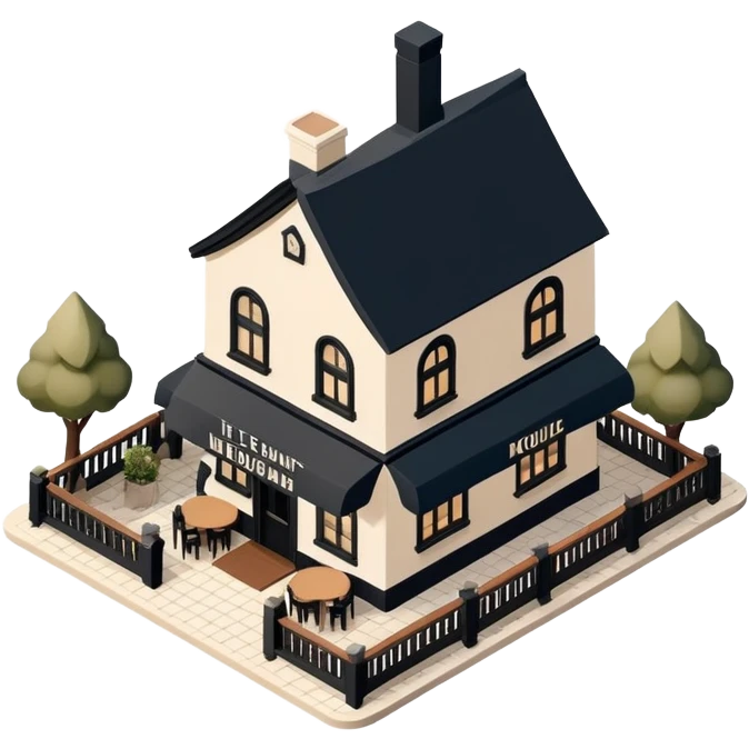 Isometric exterior little black, beige, and white mountain restaurant and pub, dollhouse style 3D realistic  emoji