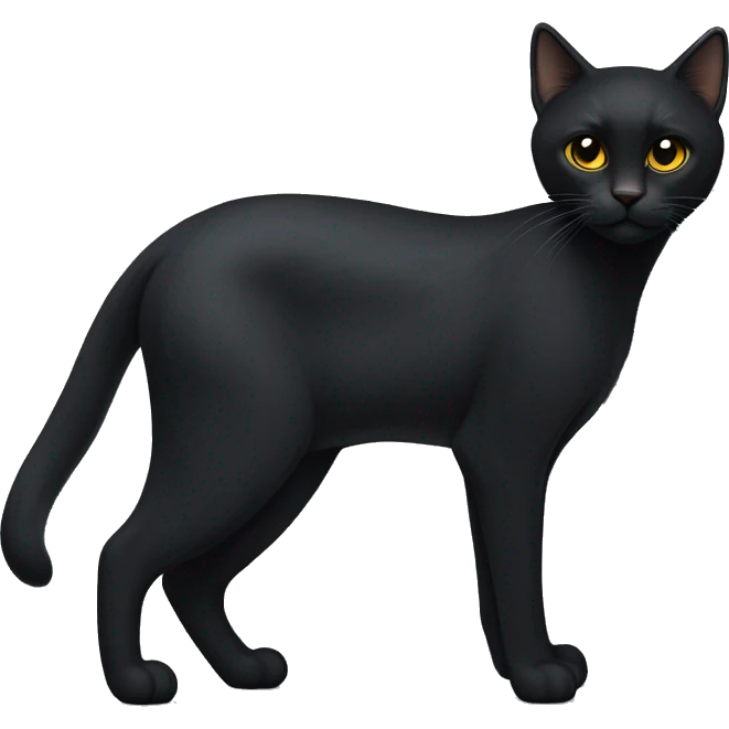 A petite, solid black sleek furred cat. Light yellow eyes. Black pointed tufts of long fur at only the very tip-top points of its ears. Fully body and no other color markings. Facing forward and standing with ears slightly tilted. emoji