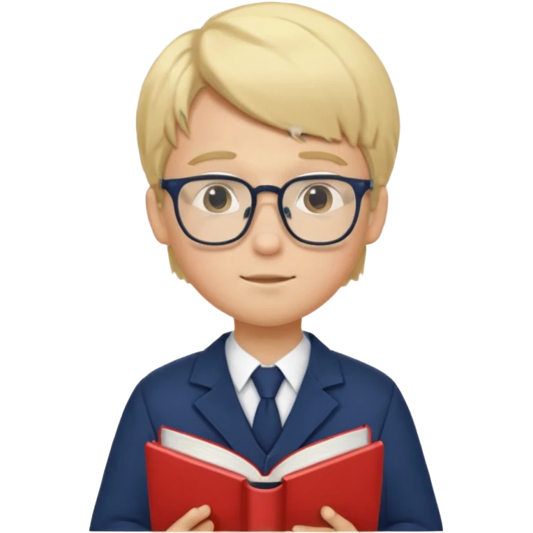 Boy student wearing uniform, glasses, hold book in front of their chest, blonde hair, white skin emoji