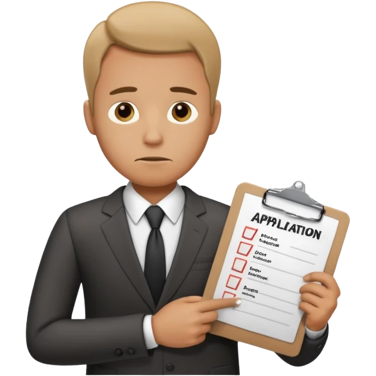 Man looking sad while holding a clipboard with a checklist that has a heading that says job application  emoji