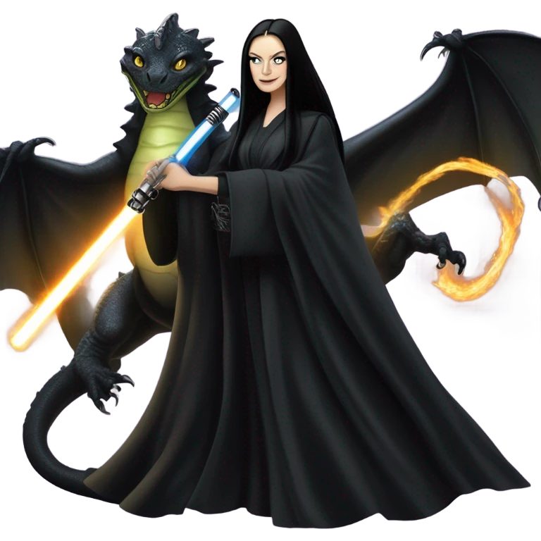  beautifully dressed teen Morticia Addams Jedi riding on the back of a very large black shiny evil-looking fire-spewing dragon. proper scale emoji