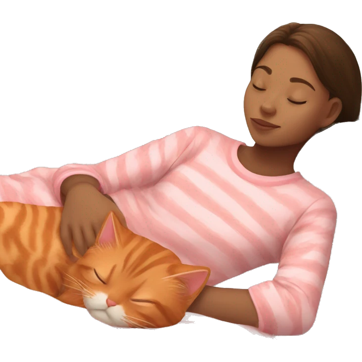 brunette girl sleeping wearing pink pjs with her orange tabby cat  emoji