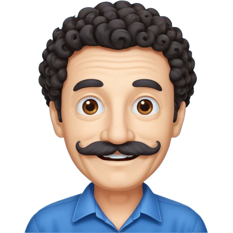 old guy with very curly dark hair and big blue  mustache emoji
