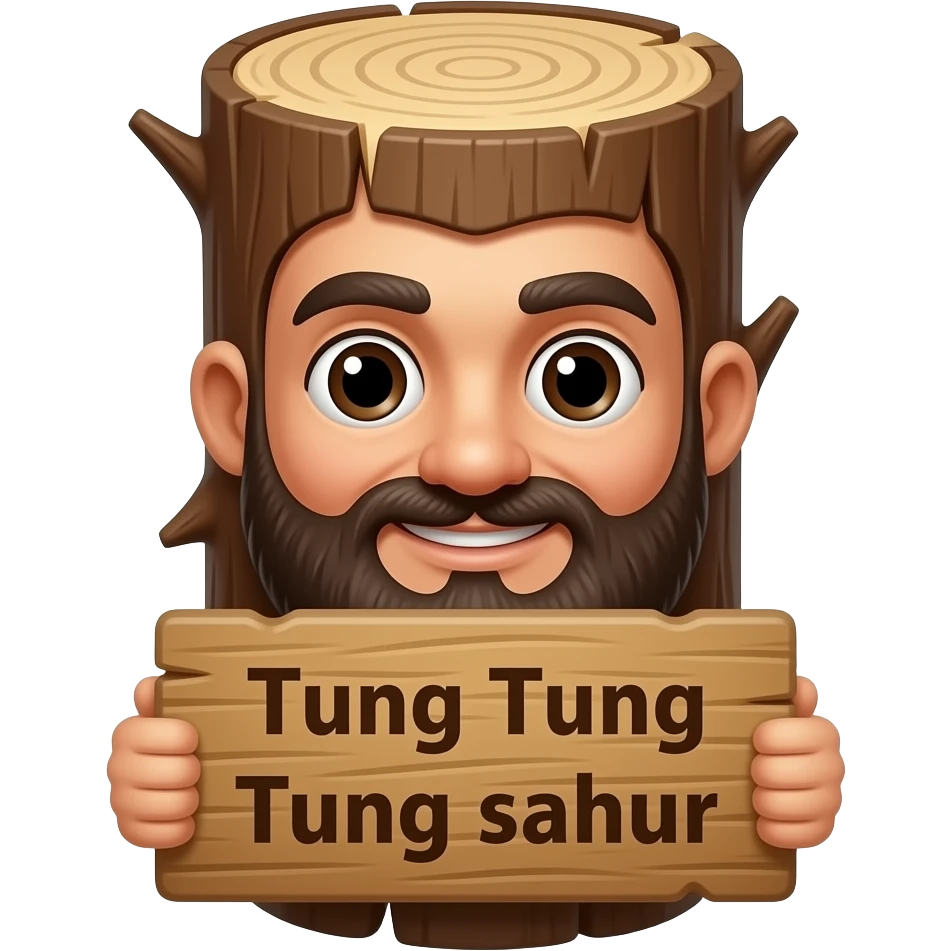 Woden log holding a sign that says “Tung Tung Tung sahur” emoji