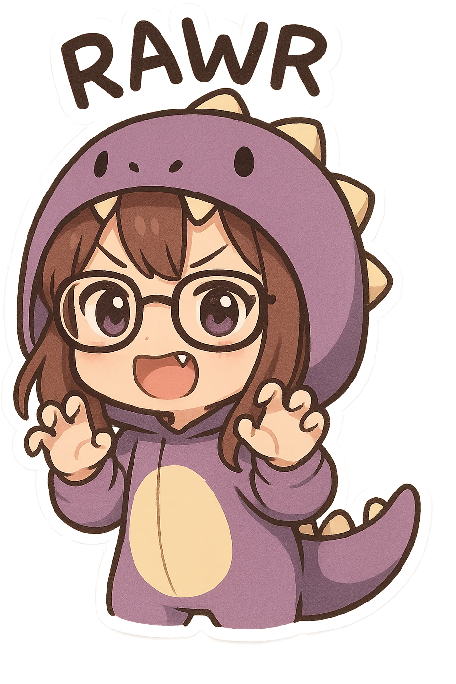 chibi anime style girl with glasses, brown hair, dark purple eyes, wearing a purple dinosaur costume, saying 'rawr' in a cute playful way, clawing the air with her hands and showing her teeth emoji