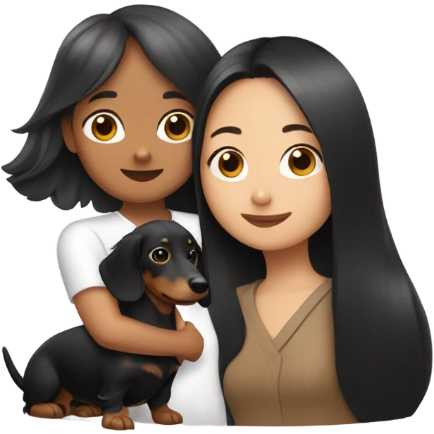 an Asian girl with long hair, hugging a black and tan long haired dachshund with a branch in its mouth emoji