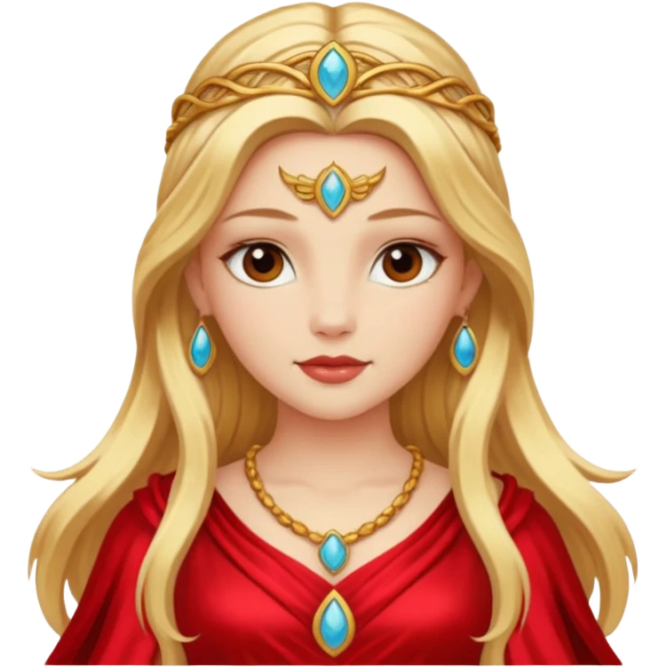 Freya, Goddess of Love from Gods and Goddesses with long golden blonde hair, red outfit emoji