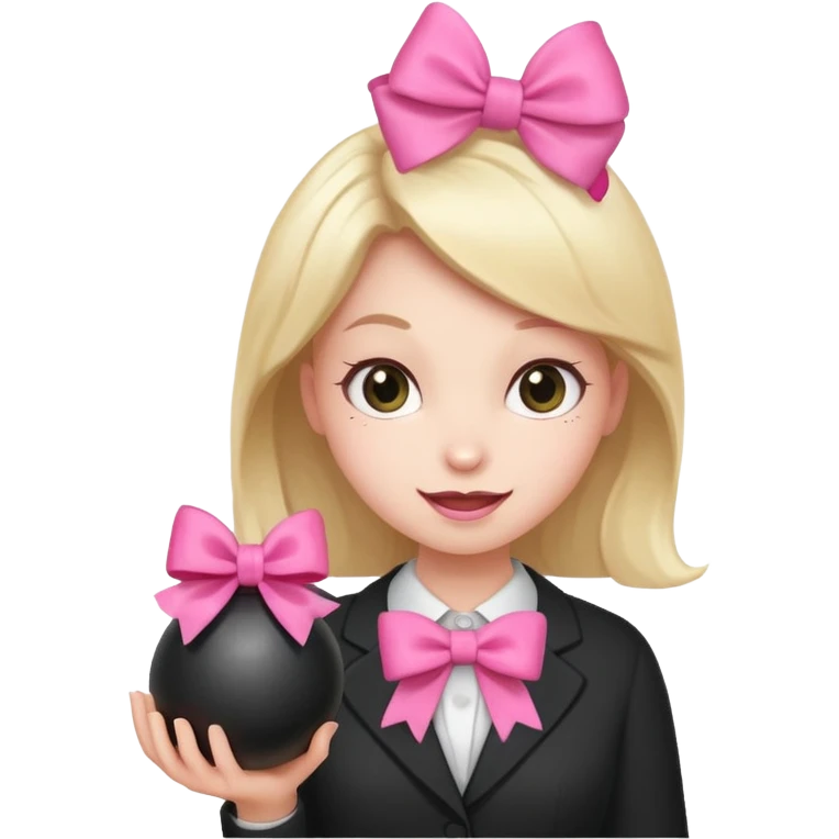 A happy face holding a bomb and the bomb has a cute pink bow emoji