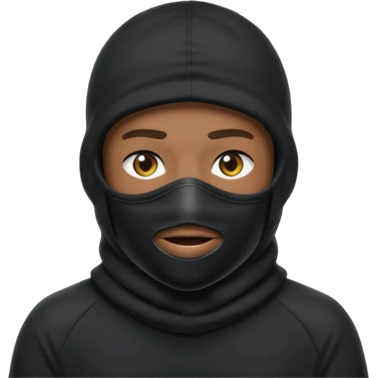 Crie um homem de blusa preta e capuz preto, balaclava preta, boné preto emoji