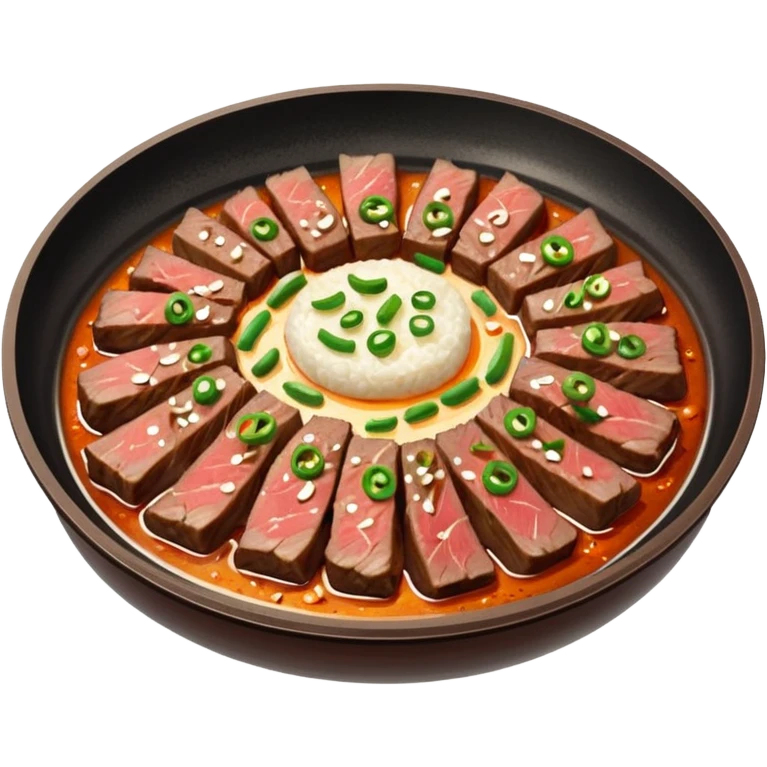 sizzling plate of bulgogi, thinly sliced marinated beef, Korean food emoji