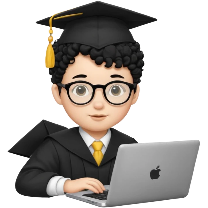 A baby boy DEVELOPER WITH A laptop, black curly hair and topknot, wearing glasses and a mortarboard emoji