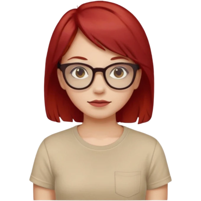 girl short-layer-red-hair wear beige T-shirt, wear dark red glasses emoji