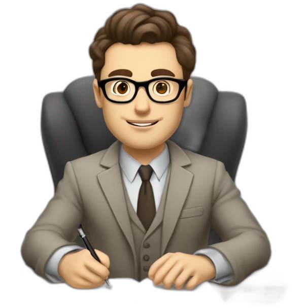 Pale skinned Fit Man With dark brown hair in gray jacket, beige office shirt, Brown pants and vintage glasses sitting In a soft chair with a notebook on spring with emblem Ψ and a pen emoji