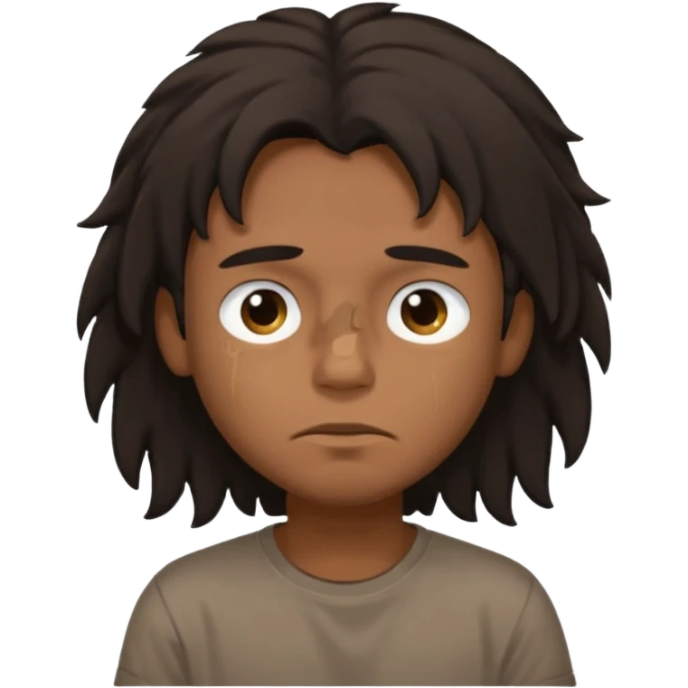 generate a pretty bratz brown skinned boy with black messy long hair wearing a brown tshirt in bed. Looking sleepy emoji