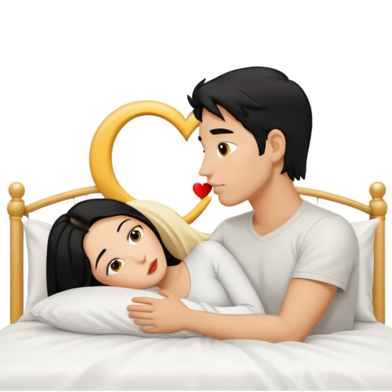 Naked man, black hair, kissing naked Woman, blonde hair, bed,  emoji