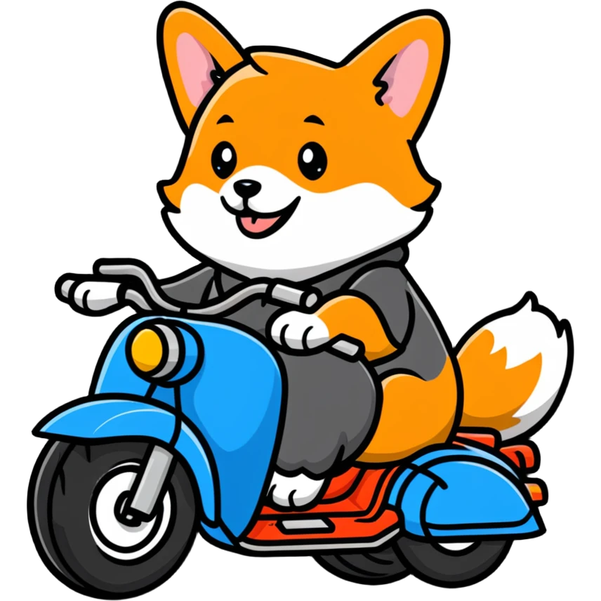smiling corgi riding a motorcycle emoji