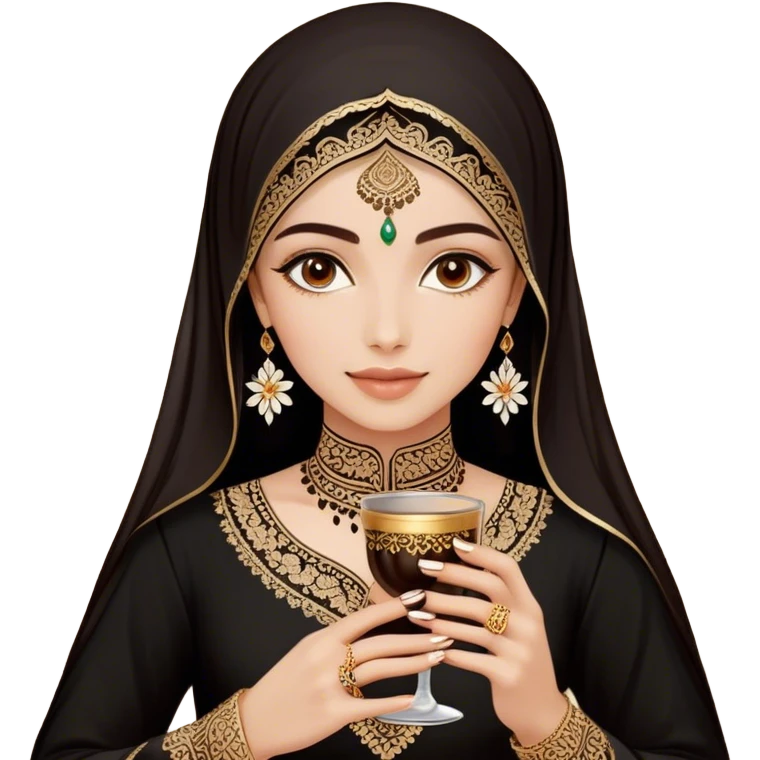 A delicate hand adorned with intricate floral henna designs holds a traitional glass of Arabic coffee. The deep brown henna contrasts beautifully with the rich embroidery of the black outfit, which features shimmering floral patterns. A gold ring and dark nail polish add elegance to the aesthetic. emoji