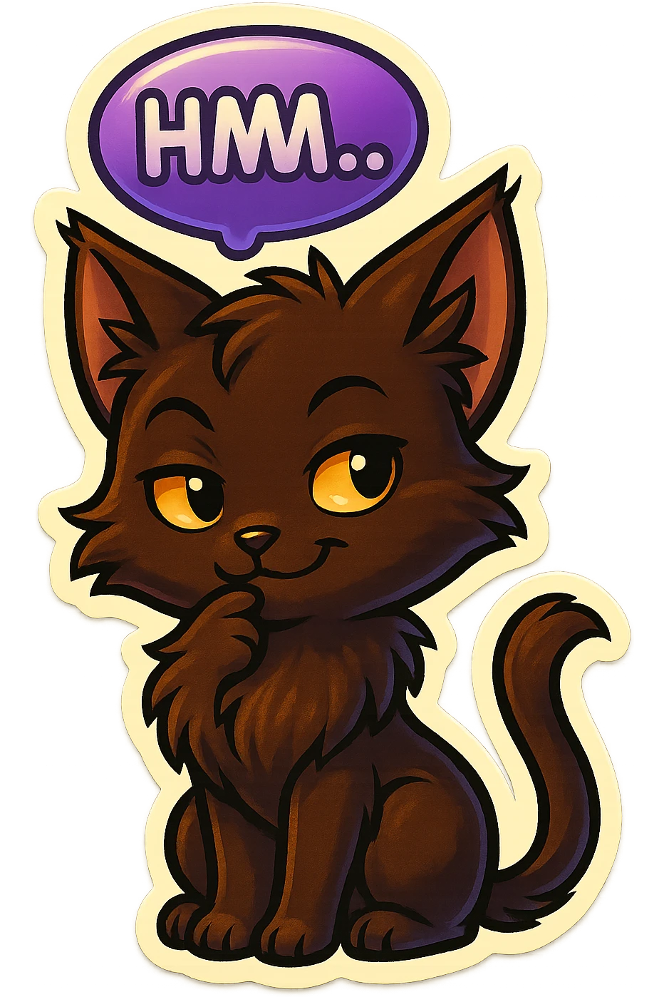 a dark-brown fluffy cute kawaii anime cat with tufted ears and a long thin tufted tail, thinking, smirking thoughtfully, saying “Hmm..” with a purple speech bubble, (cartoon style) (furry style) (deviantArt style) (artist style: Kamirah) emoji