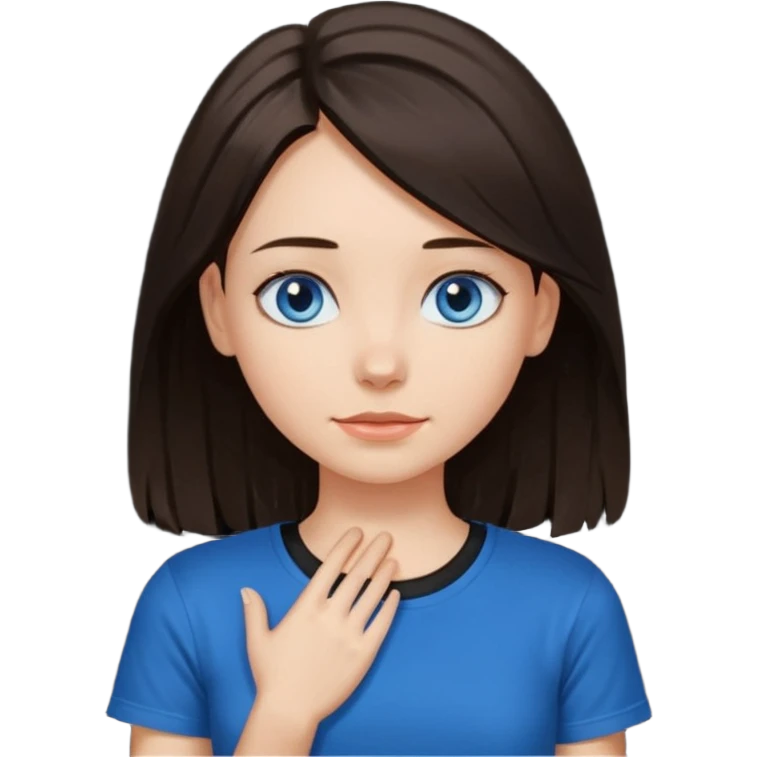 Girl with dark brown hair thats about shoulder lenght with blue eyes putting two hands on their neck in a black tshirt emoji
