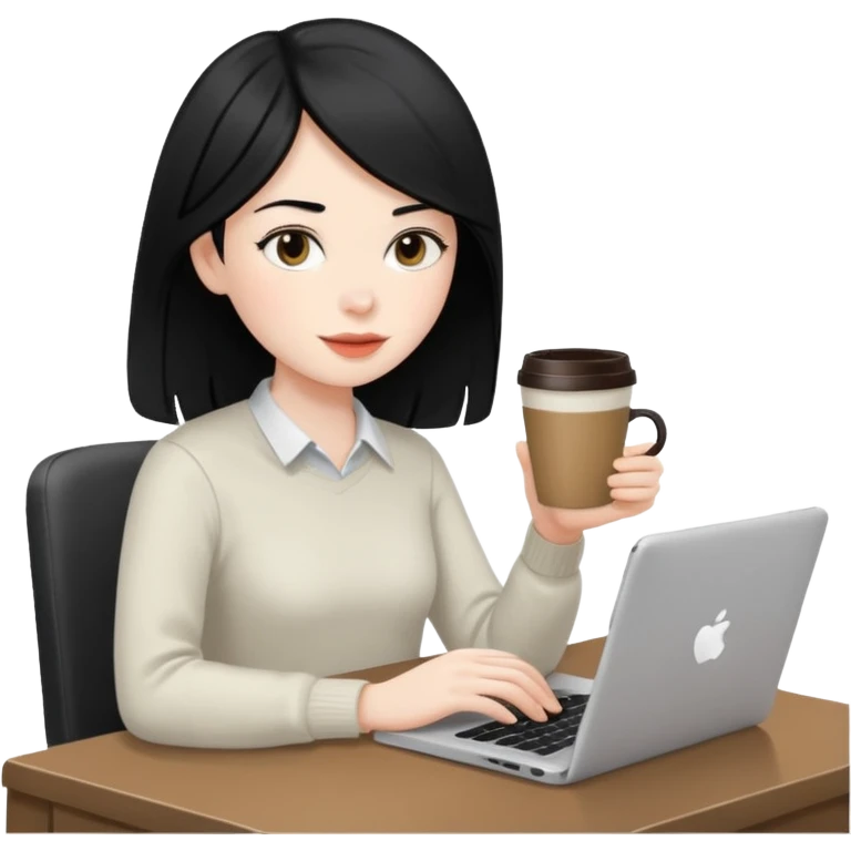 Working remote with coffee with black hair emoji