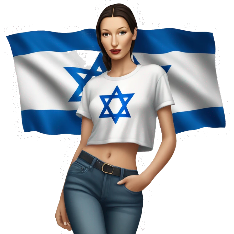 Bella hadid wearing t shirt with Israeli flag, full body emoji