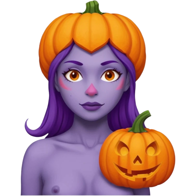 A nude woman with bare chest and wears a carved pumpkin on its head with purple skin emoji