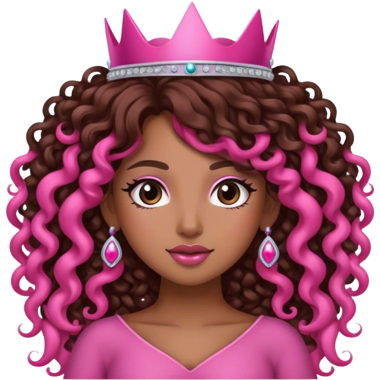 Brown girl diva long curly hair with pink crown emoji