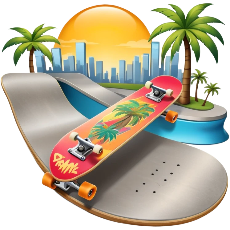 An icon featuring a skateboard resting on a smooth concrete surface. The background shows a sunny skate park with ramps, graffiti walls, and palm trees, creating an urban vibe. The skateboard is designed with vibrant colors and unique graphics. Transparent background  emoji