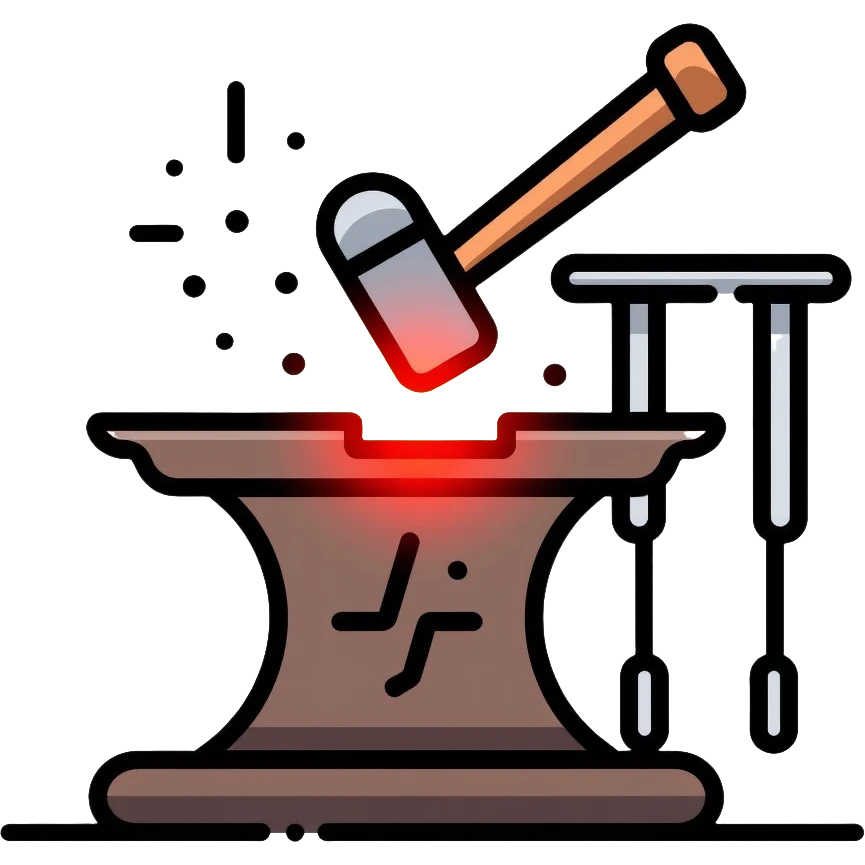 Blacksmithing icon, forged metal piece being shaped with hammer and anvil, glowing red-hot metal, blacksmith tools like tongs and chisel, sparks flying, minimalistic style, clean lines emoji