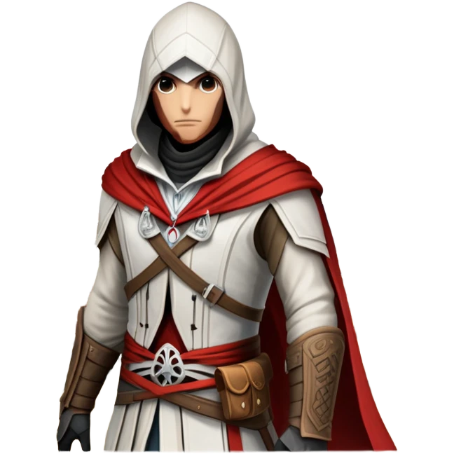 icon featuring Assasin's Creed in an iconic assassin's hood, standing tall against the backdrop of Florence. The design captures the essence of adventure, with intricate details of historical architecture and a sense of mystery. The character is poised, ready for action. transparent background. emoji