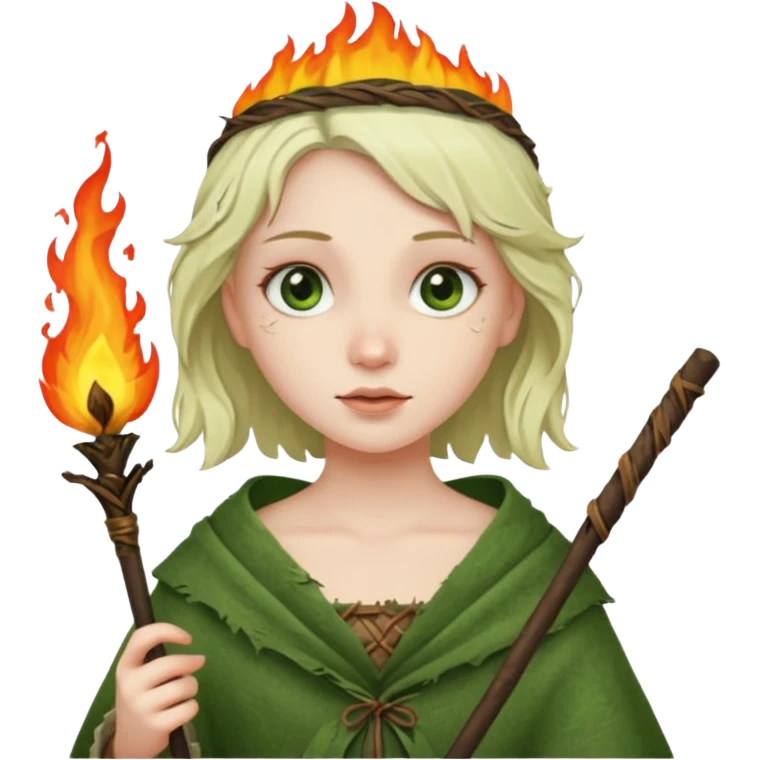 ancient european girl, tattered leaf green cloth, hold fire stick emoji