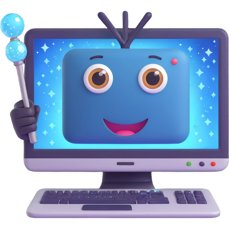 cheerful computer with friendly eyes and a magic wand surrounded by sparkles, representing AI-generated content in a fun way emoji