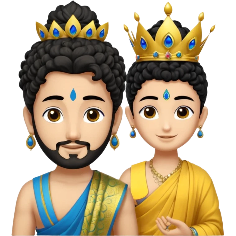 Create a Jesus, Krishna, and Buddha standing together. Krishna: bright blue skin, black curly hair tied in a small topknot, a tiny golden crown decorated with a peacock feather, wearing a yellow dhoti and light golden jewelry

 emoji