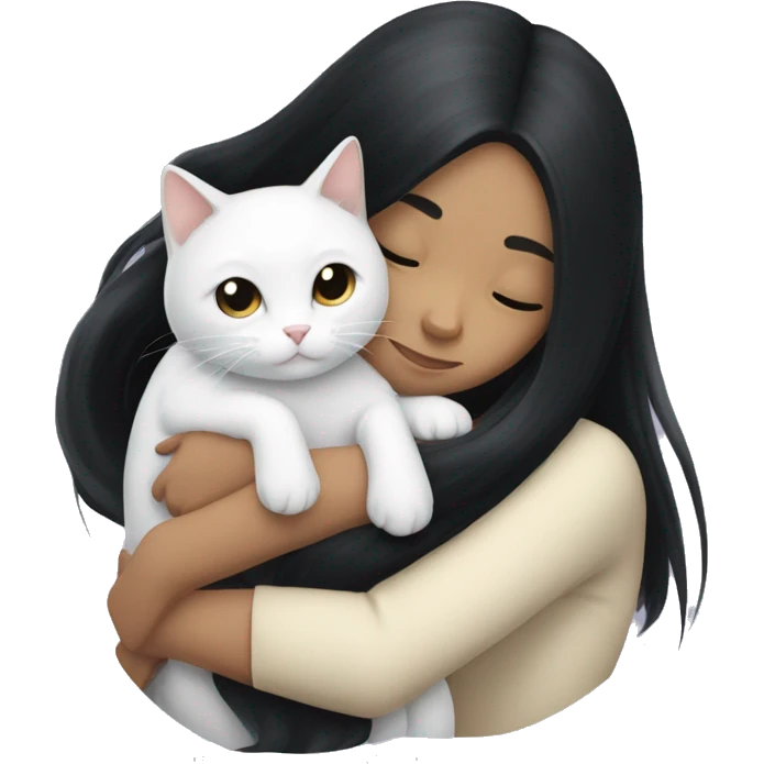 girl with very long black hair and  hugging a white cat emoji