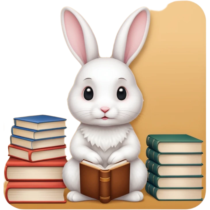 White rabbit sitting next to a stack of books consisting of 3 books emoji