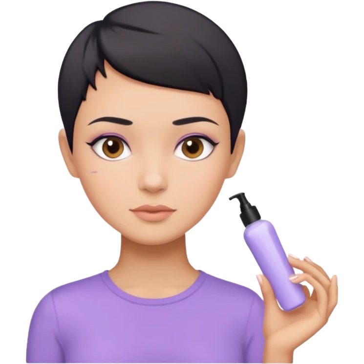 tan girl with pastel purple shirt with black hair & a pixie, doing her skin care emoji