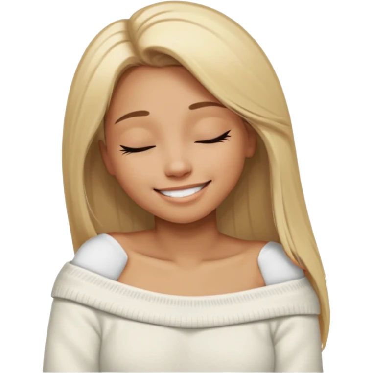 Mujer color de piel moreno claro, con cabello rubio largo, lacio y suelto, ojos negros, usando un suéter off shoulders blanco, sonriendo sin enseñar los dientes durmiendo  emoji