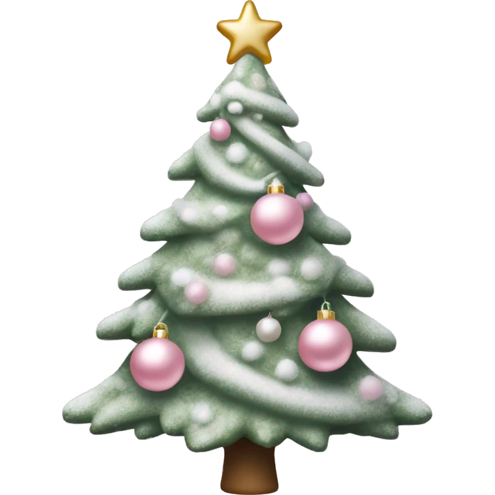 Sage green Christmas tree dusted with snow adorned with light pink ornaments with a light pink bow for a tree topper  emoji