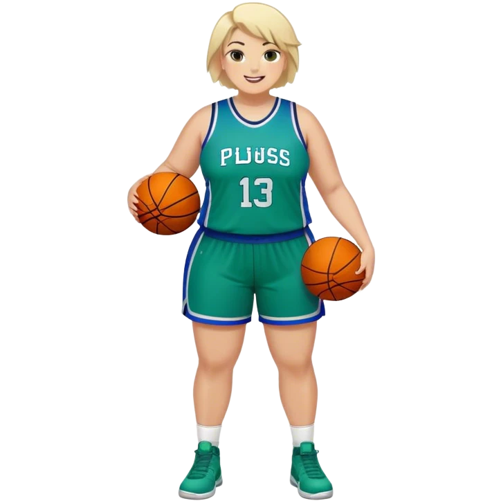 Full Body plus size white female with short spike hair basketball player wearing blue green uniform smiling emoji