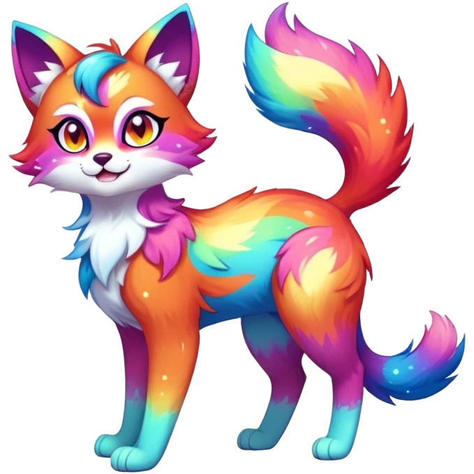 Vibrant multicolored Falvie-Fionbri-creature-sparkle-feline-fursona, full body emoji
