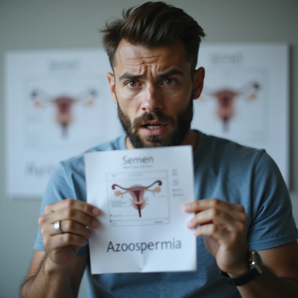 hyperrealistic 4K close-up of a man in his 30s staring at semen analysis results with 'azoospermia' written in bold, hands trembling, anxious and shocked expression, urologist's office with fertility diagrams on wall, clinical atmosphere emoji