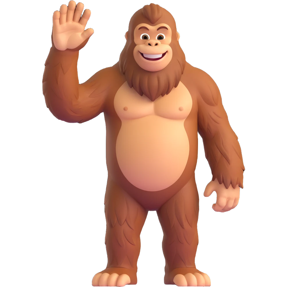 Bigfoot waving, smiling, forest background emoji