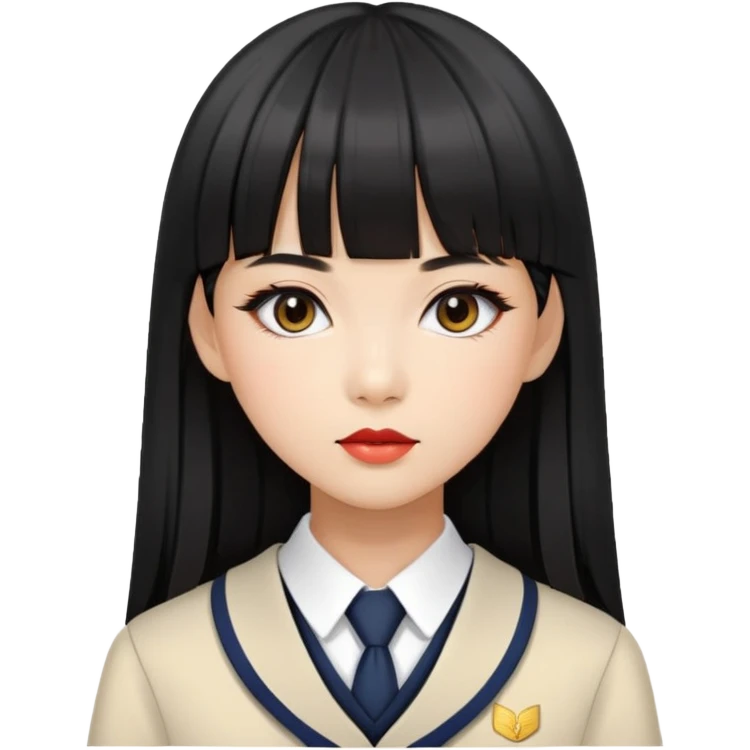 chic woman with Asian skin, black long straight bangs, wearing a school uniform, and makeup emoji